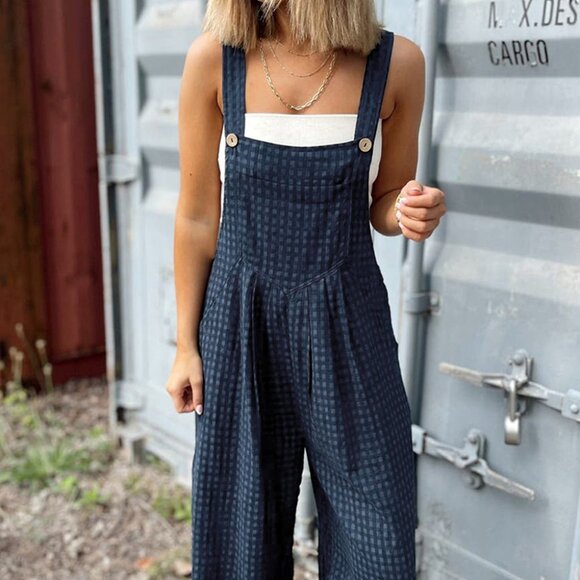 B243 Sail Blue Plaid Print Buttoned Pocketed High Waist Overall - Picture 1 of 16